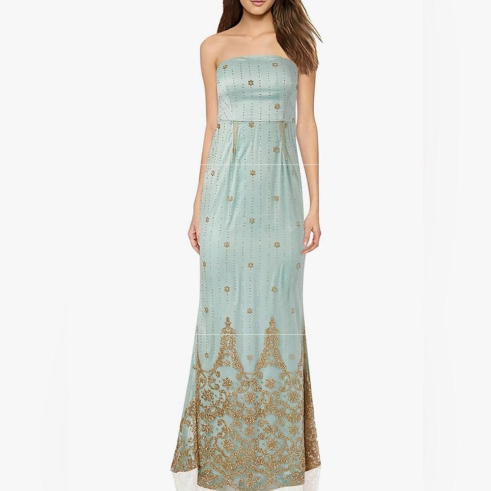 Minuet Mint Strapless Heavily Gold Glitter Embellished Bottom Formal Dress NWT S - Picture 1 of 16